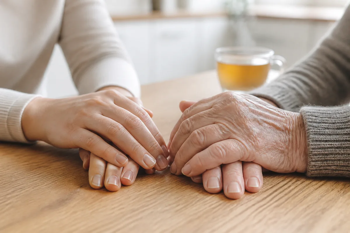 Mains d’une aidante et d’une personne âgée posées côte à côte sur une table de cuisine claire