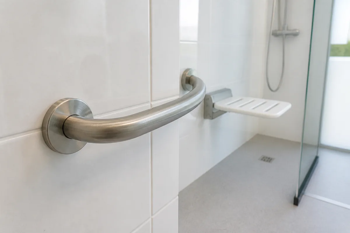 Barre d’appui en inox fixée près d’une douche de plain-pied dans une salle de bains claire