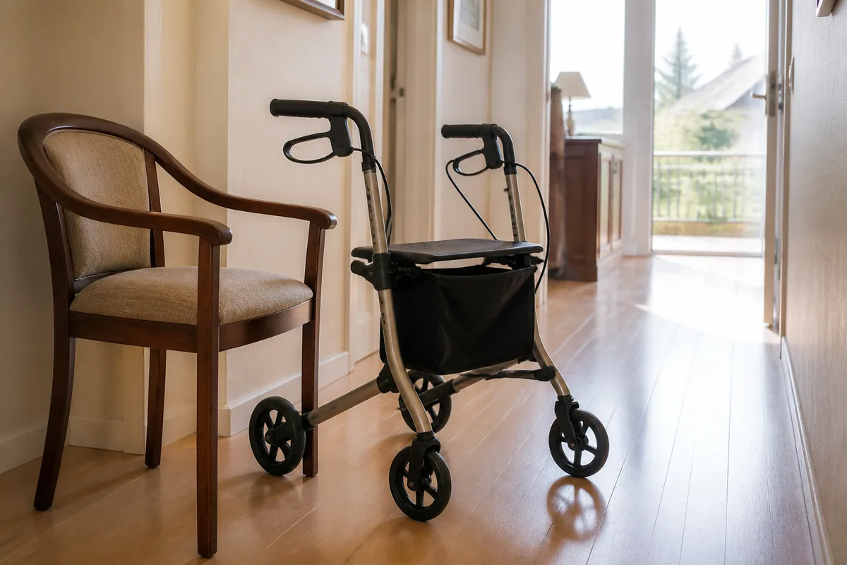 Déambulateur posé près d’un fauteuil dans un couloir lumineux d’appartement