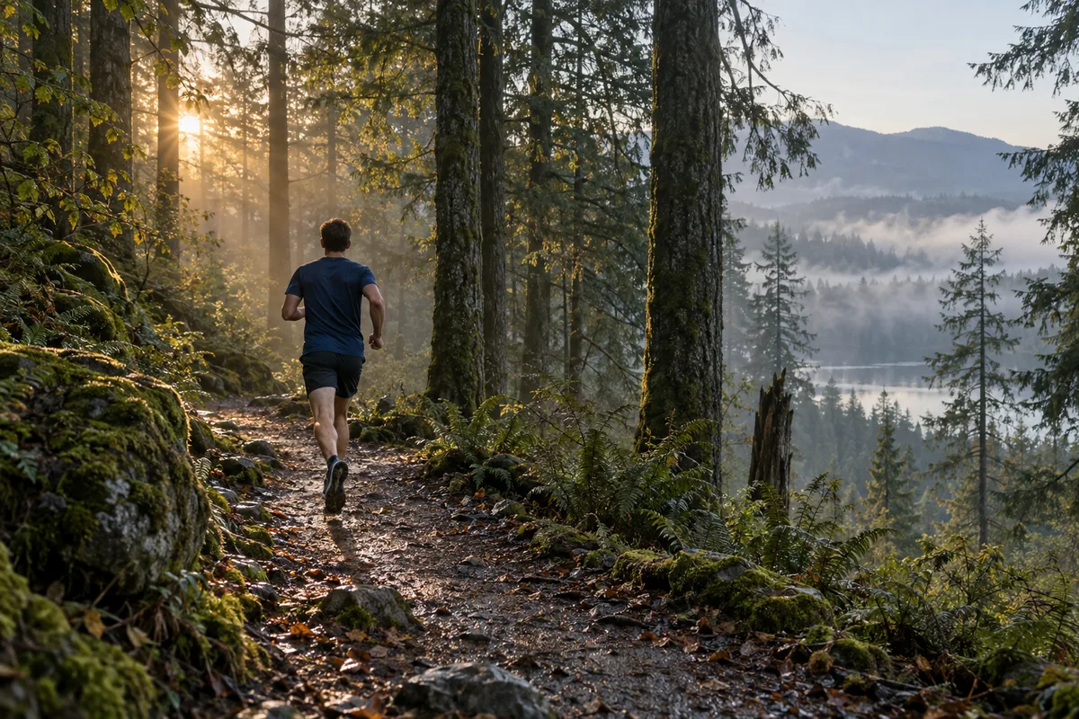 Coureur vu de dos sur un chemin forestier au lever du jour, foulée en pleine extension