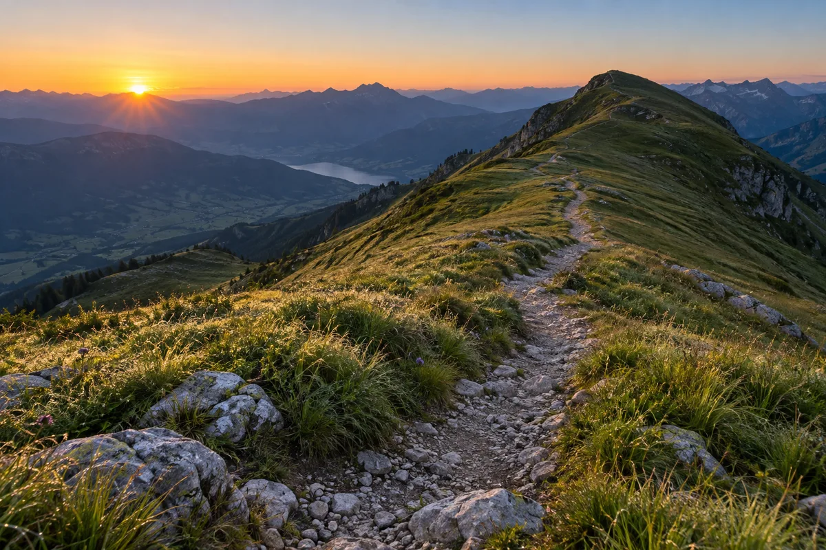 Sentier de montagne vide serpentant vers une crête au soleil levant