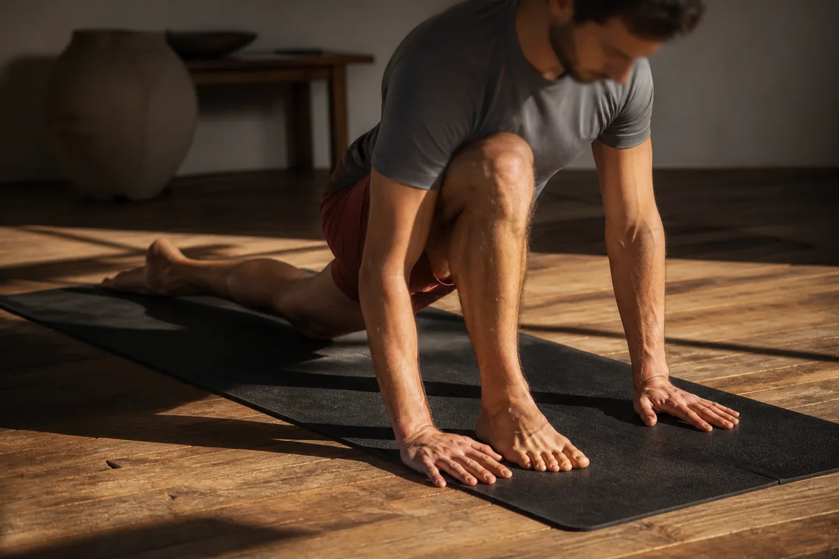 Sportif en mobilité de hanche au sol dans une salle d&rsquo;entraînement