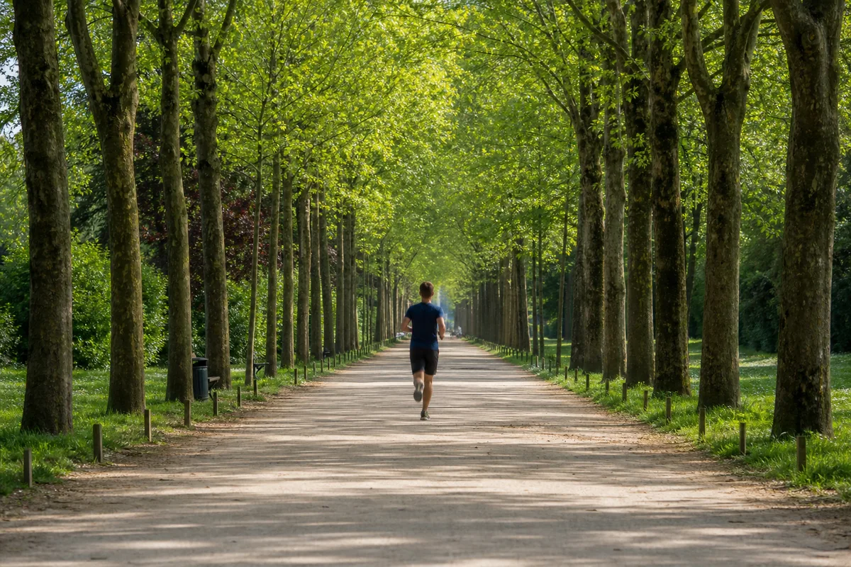 Coureur en légère accélération sur une ligne droite en fin d&rsquo;échauffement