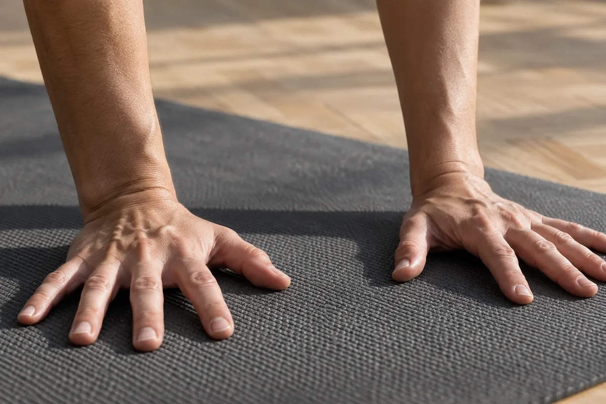 Gros plan sur des mains à plat et des avant-bras posés sur un tapis de sport