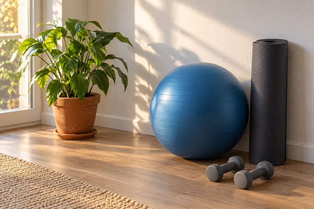 Coin d&rsquo;entraînement à la maison avec tapis roulé, ballon de gym et haltères posés près d&rsquo;une plante verte