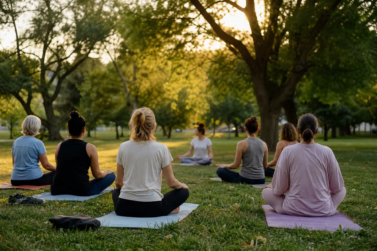 Coach bien-être accompagnant une séance de relaxation en extérieur