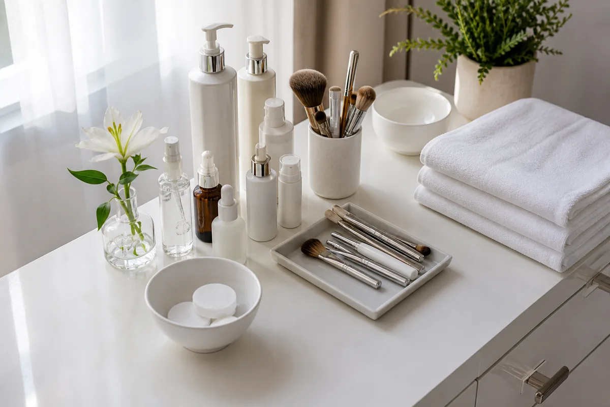 Institut de beauté avec plan de travail et flacons de soin rangés