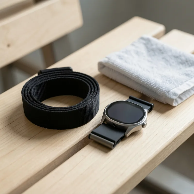 Sangle cardio thoracique et montre de sport posées sur un banc de vestiaire