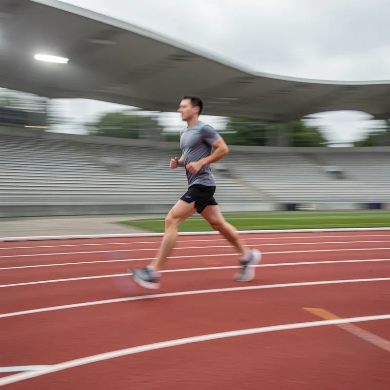 Coureur en accélération sur une piste d&rsquo;athlétisme, léger flou de mouvement