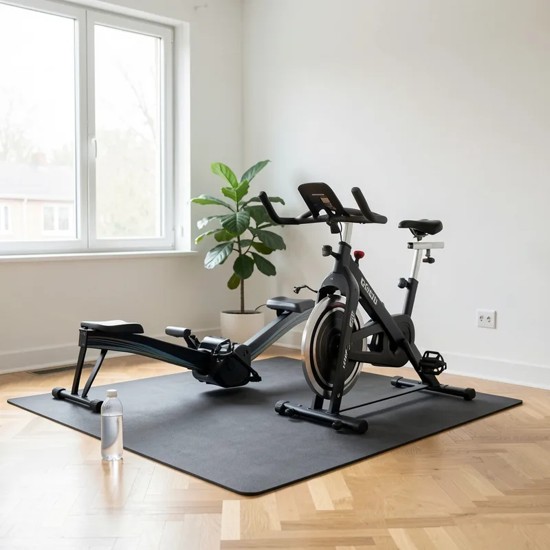 Rameur et vélo d&rsquo;appartement installés dans un salon lumineux