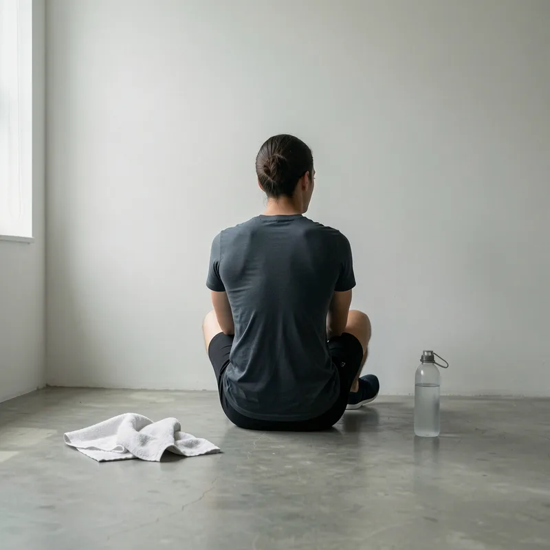 Sportif assis au sol après l&rsquo;effort, serviette et gourde posées à côté
