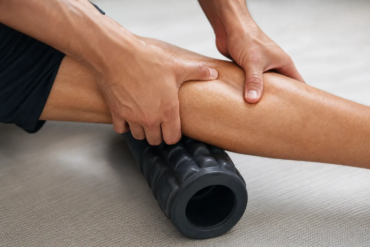 Mains utilisant un rouleau de massage sur un mollet après une séance de sport