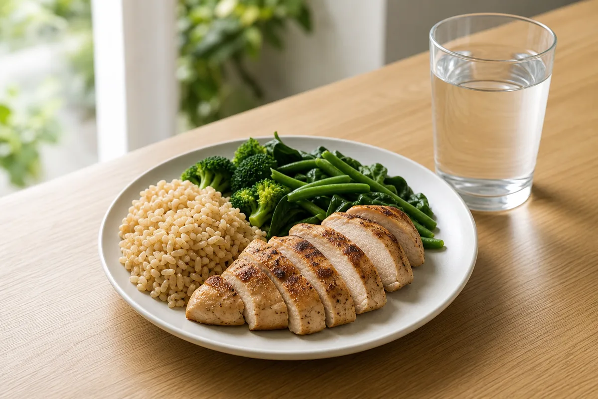 Repas riche en protéines et verre d’eau posés sur une table en bois, lumière naturelle