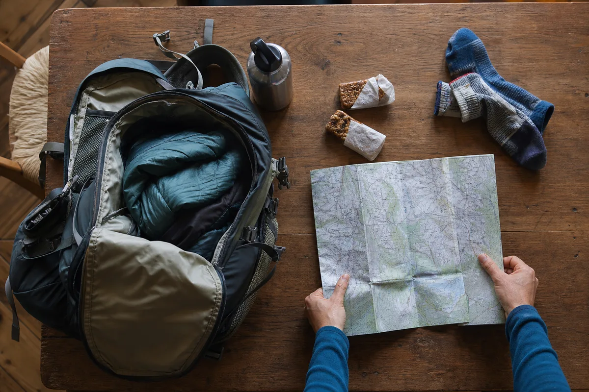 Sac de randonnée ouvert avec gourde, barres énergétiques et carte topographique posés sur une table en bois