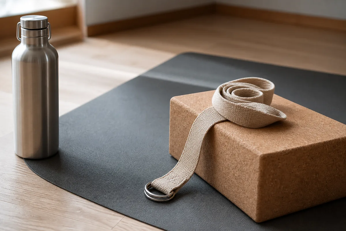 Tapis de yoga déroulé avec brique en liège et sangle près d&rsquo;une fenêtre