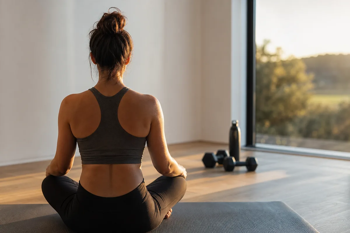 Personne assise en tailleur sur un tapis avec haltères et gourde en arrière-plan